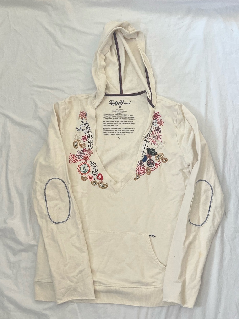 Lucky Brand Cream Embroidered V-Neck Hoodie Size XL